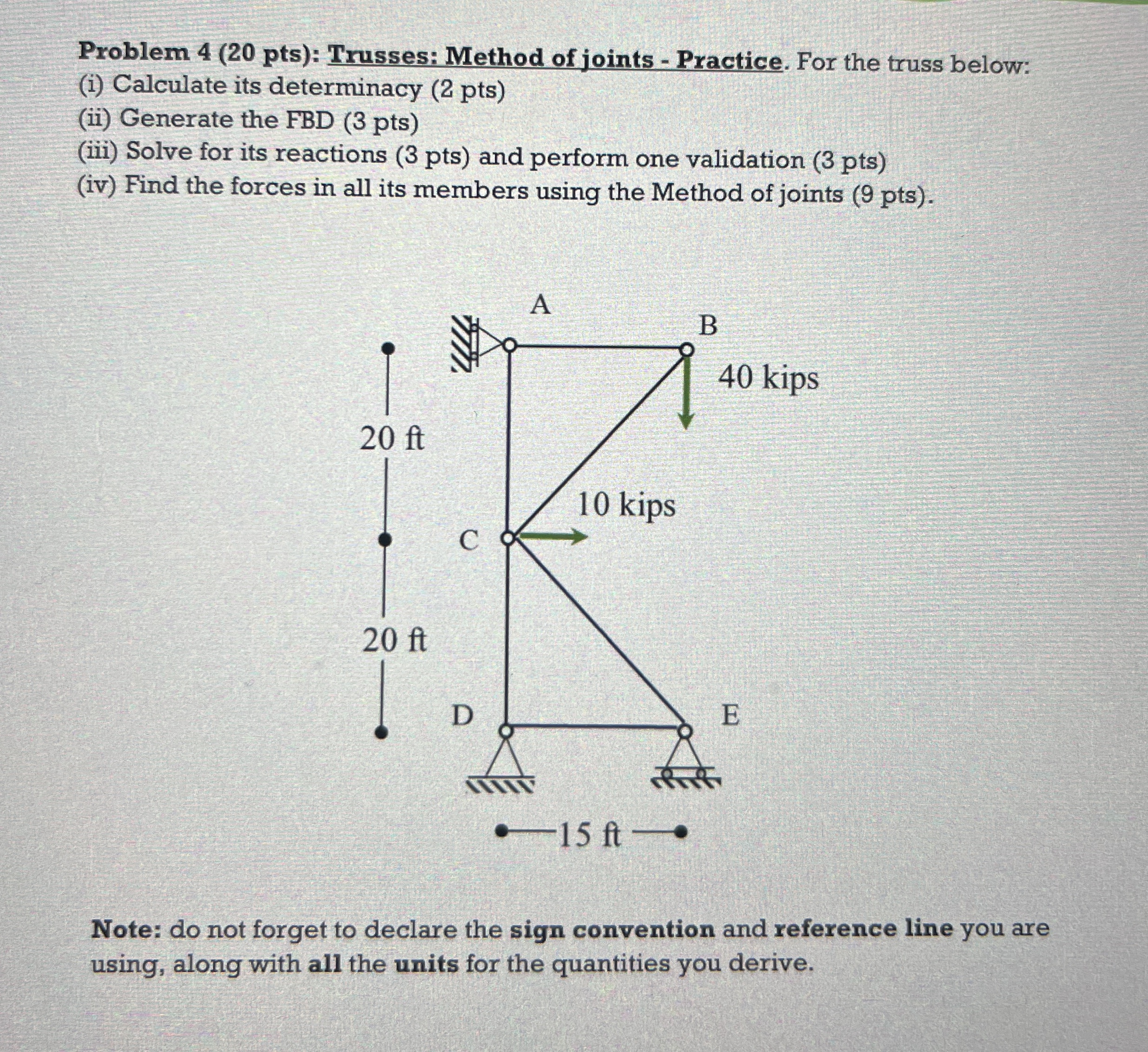 Problem 4 ( 2 0 pts ) : Trusses: Method of joints