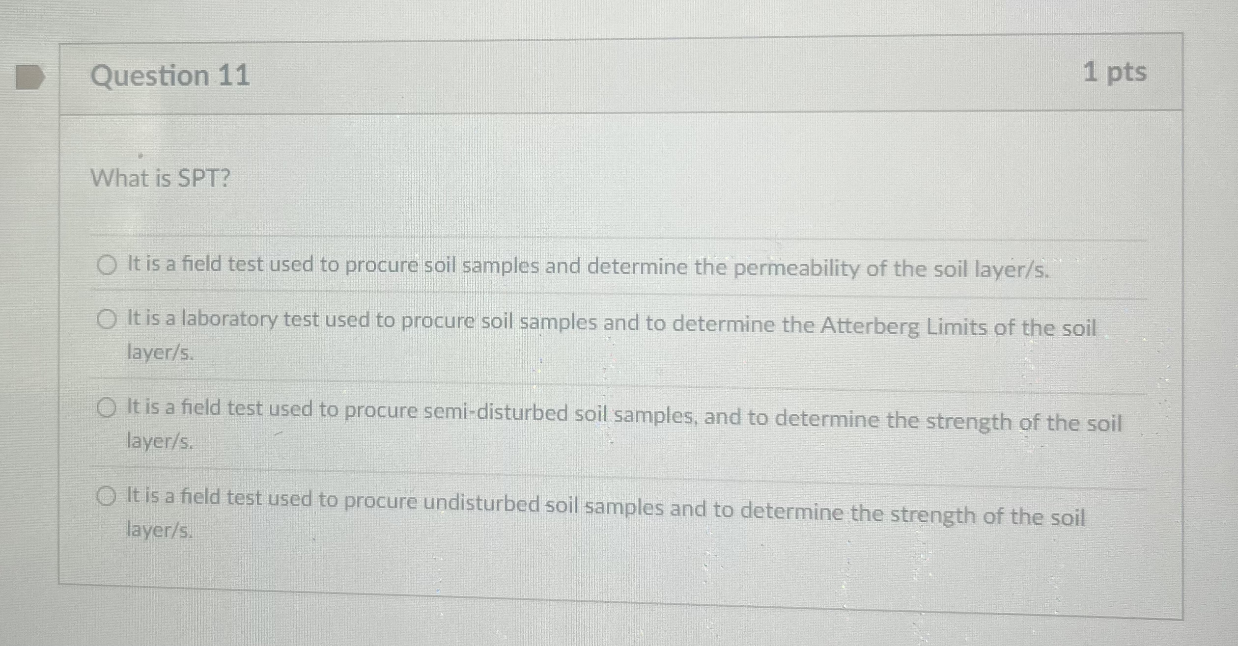 Question 1 1 1 pts What is SPT ? It is a field