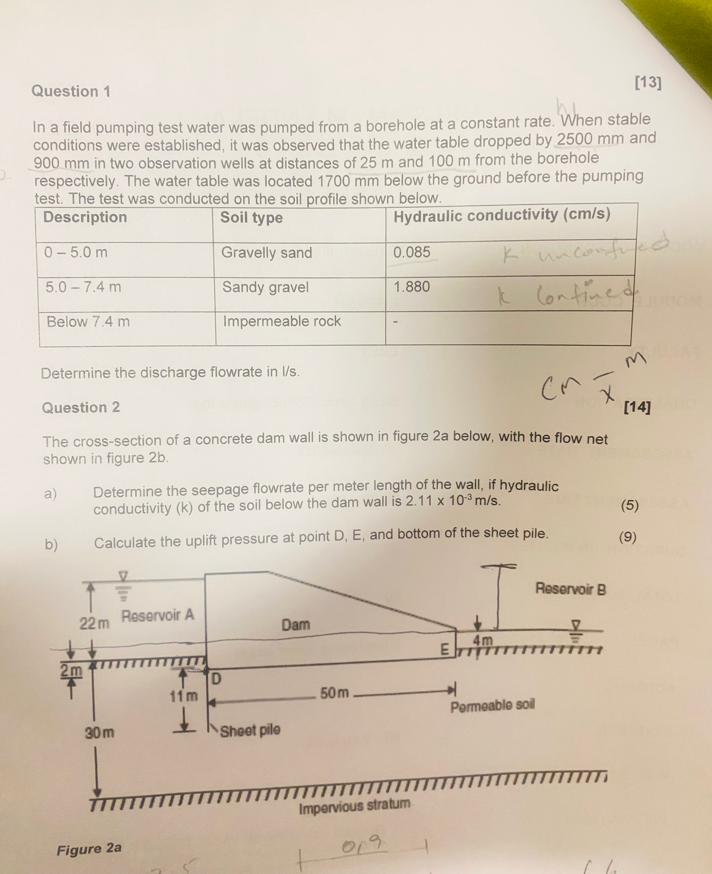 Question 1 [ 1 3 ] In a field pumping test water