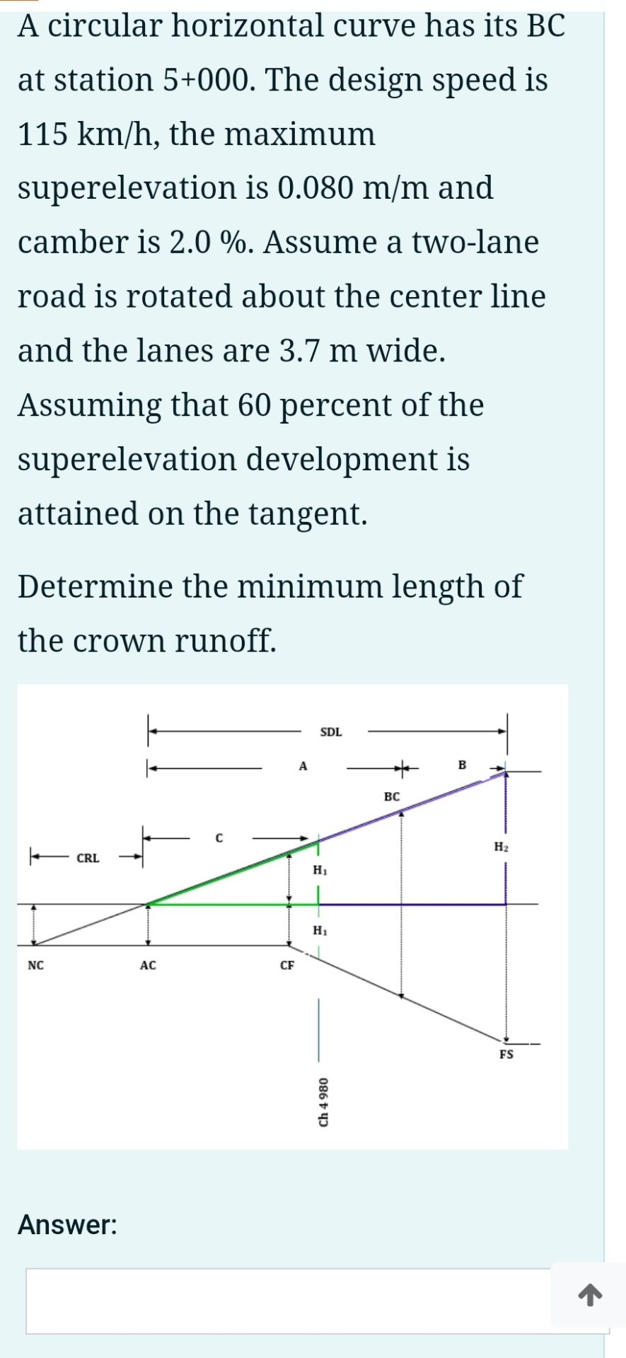 A circular horizontal curve has its B C at