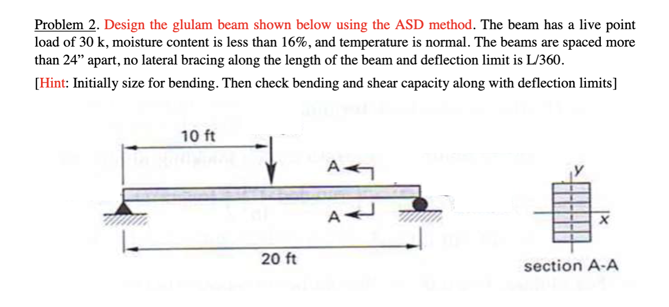 Problem 2 . Design the glulam beam shown below