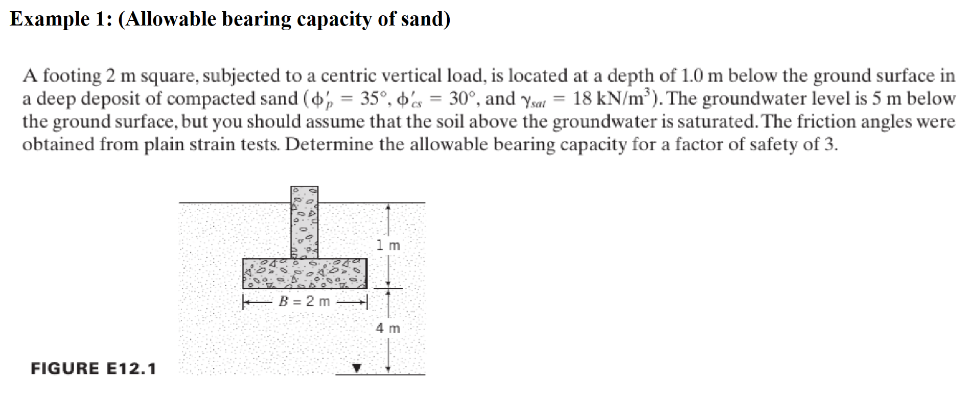 Example 1 : ( Allowable bearing capacity of sand