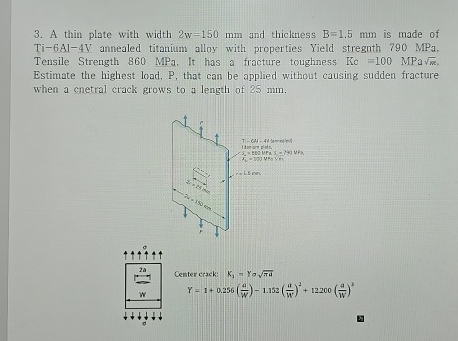 A thin plate with width 2 w = 1 5 0 m m and