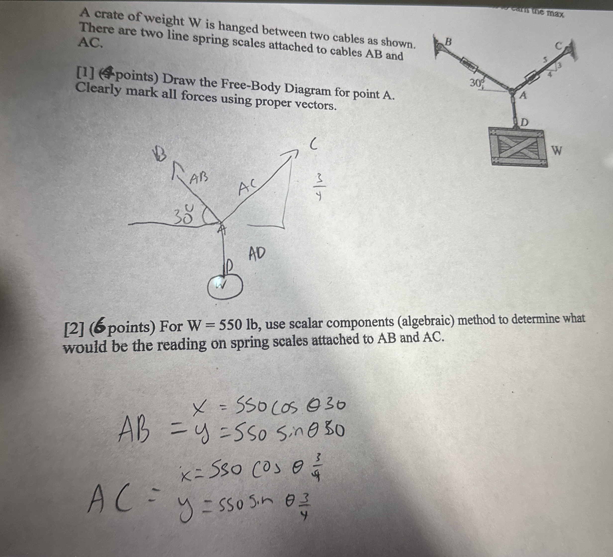 A crate of weight W is hanged between two cables