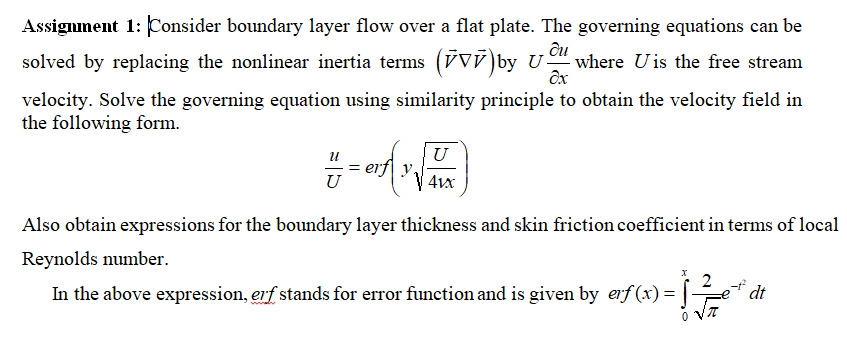 Assignment 1 : Consider boundary layer flow over