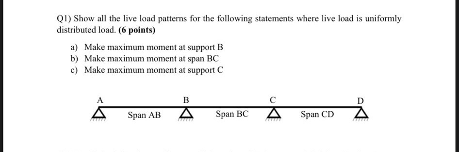 Q 1 ) Show all the live load patterns for the