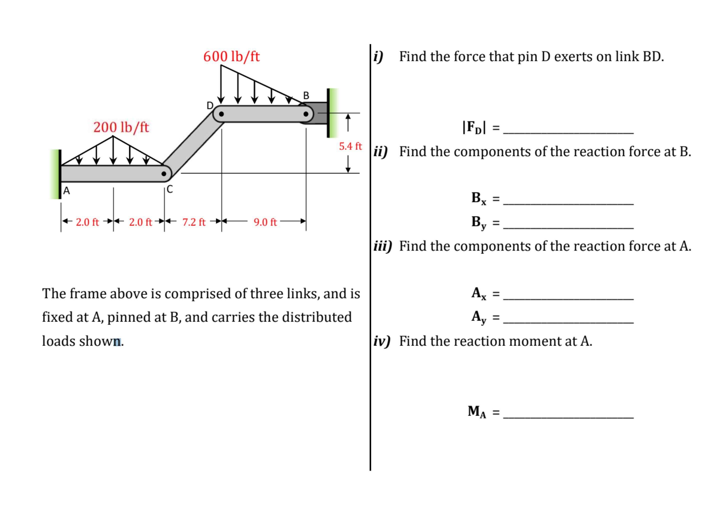 i ) Find the force that pin D exerts on link BD .