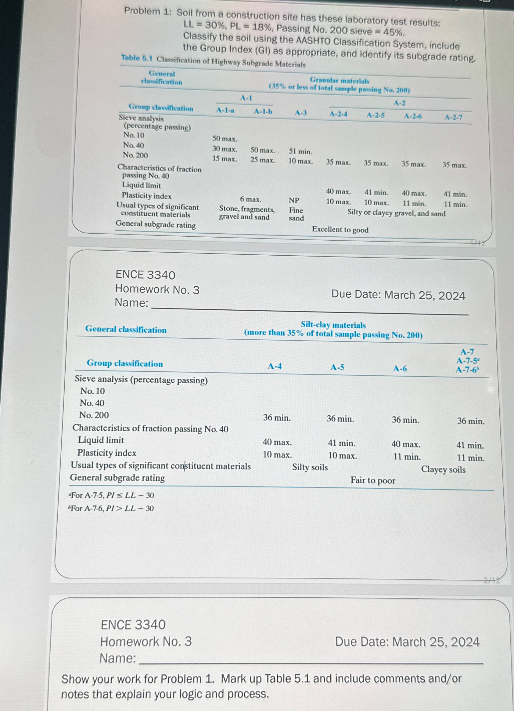 Problem 1 : Soil from a construction site has