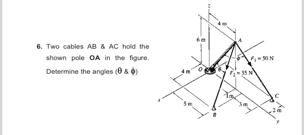 Two cables A B & A C hold the shown pole OA in