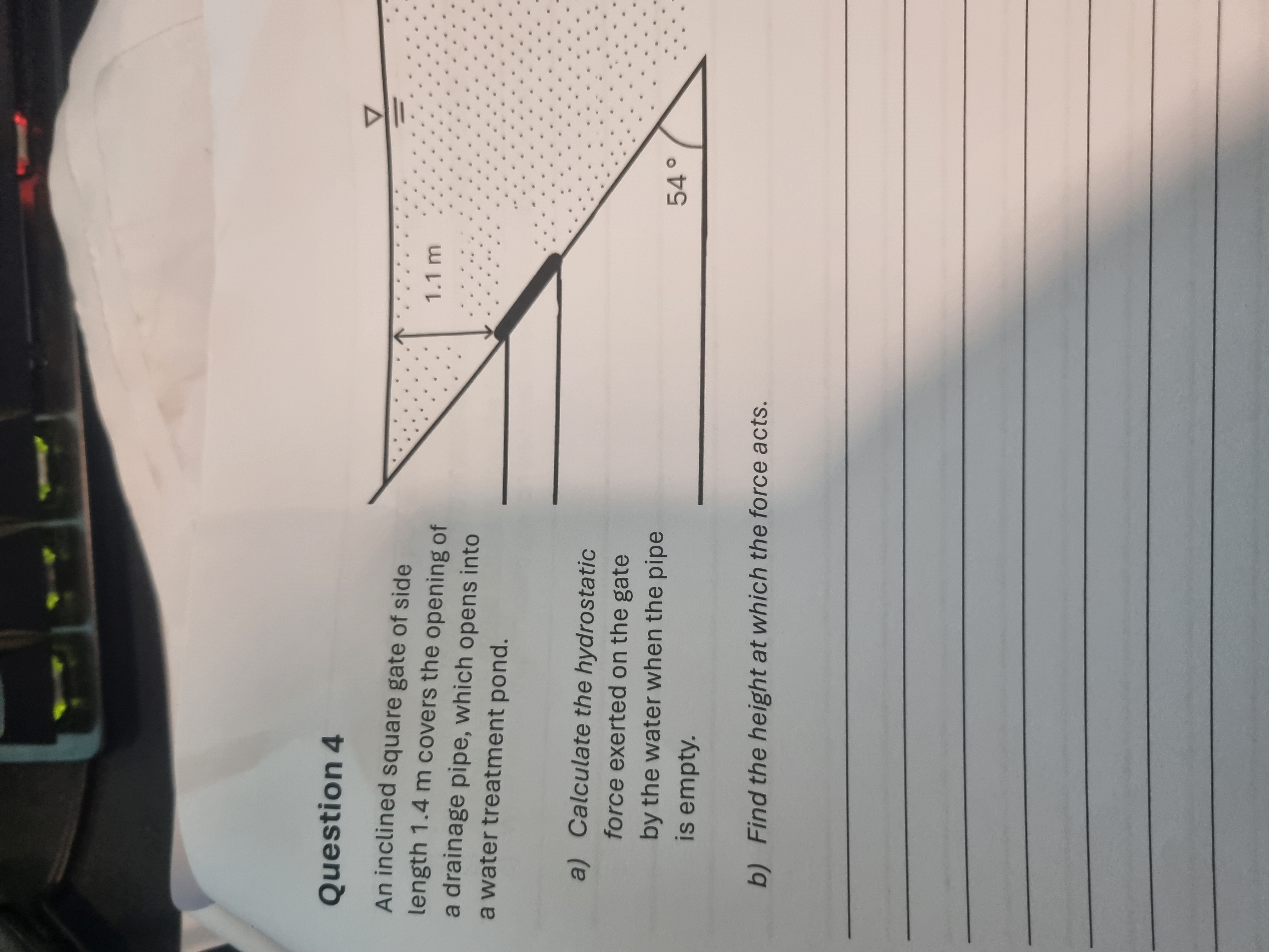 Question 4 An inclined square gate of side length