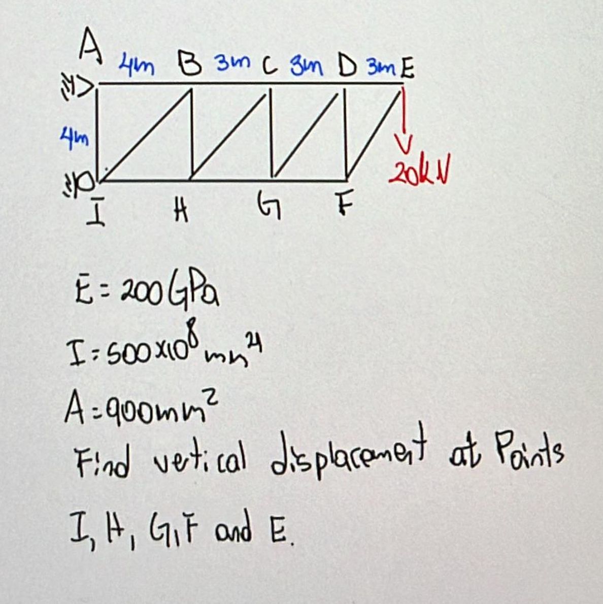 E = 2 0 0 GPa I = 5 0 0 1 0 8 m n 4 A = 9 0 0 m m