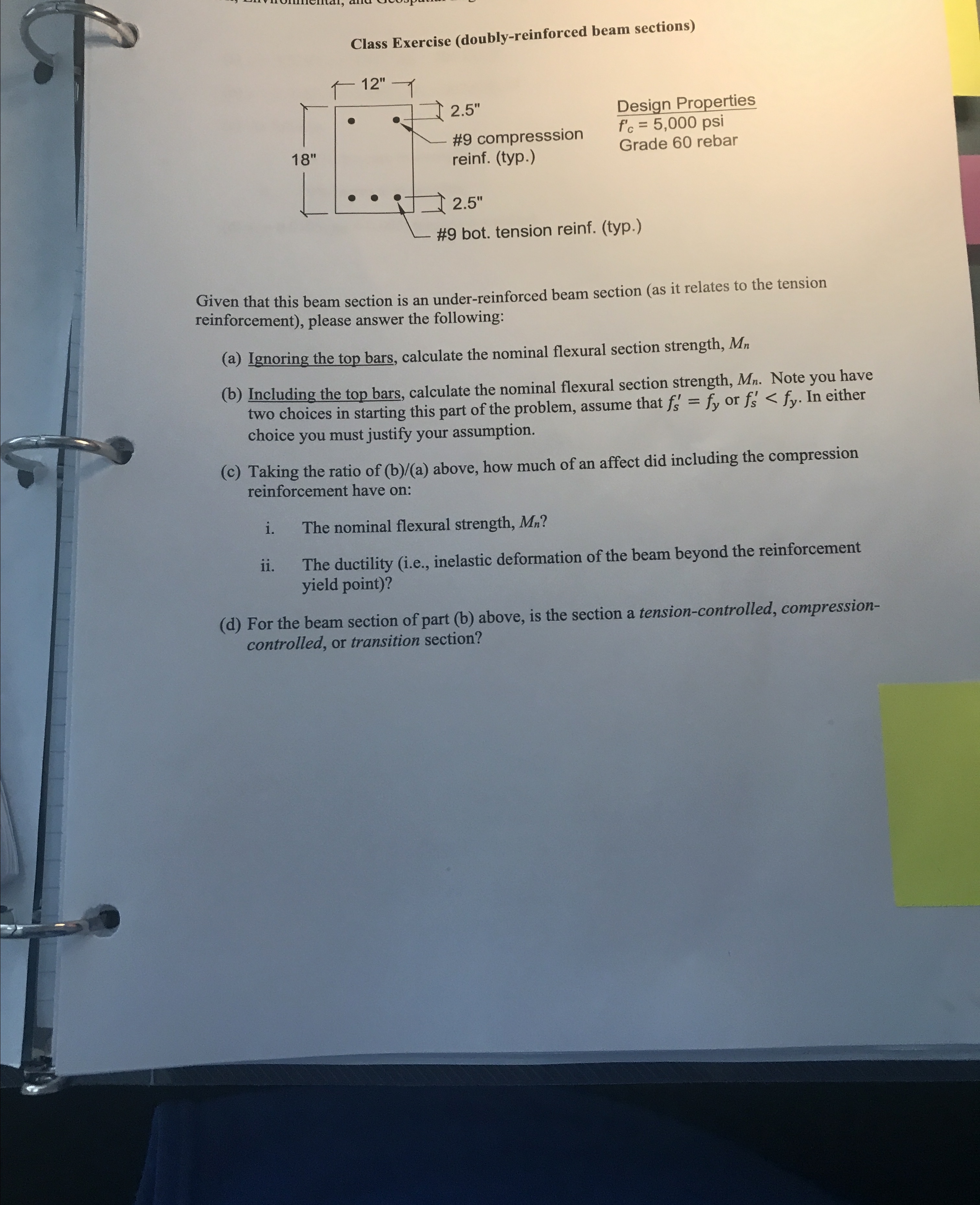 Class Exercise ( doubly - reinforced beam