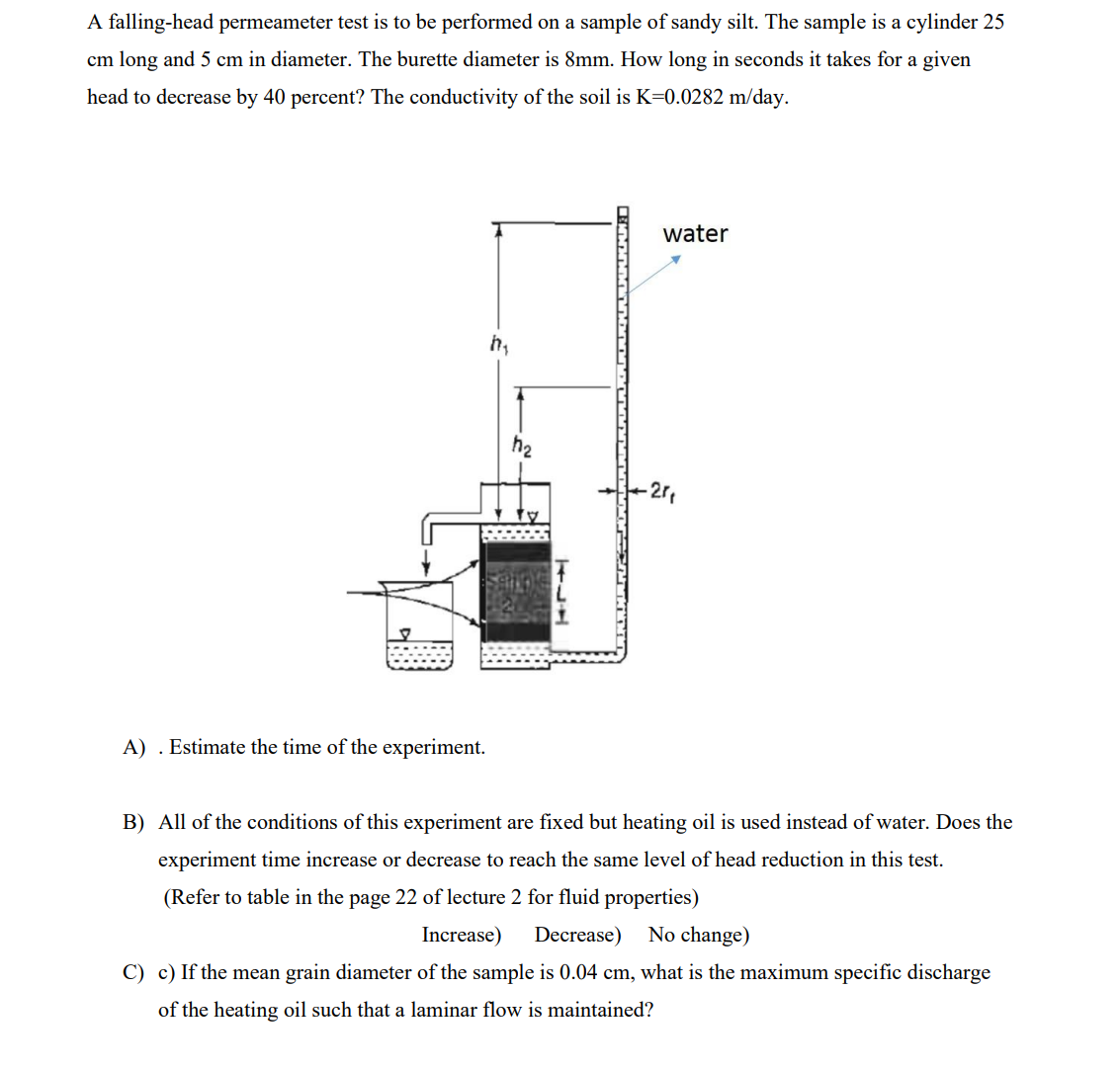 A falling - head permeameter test is to be