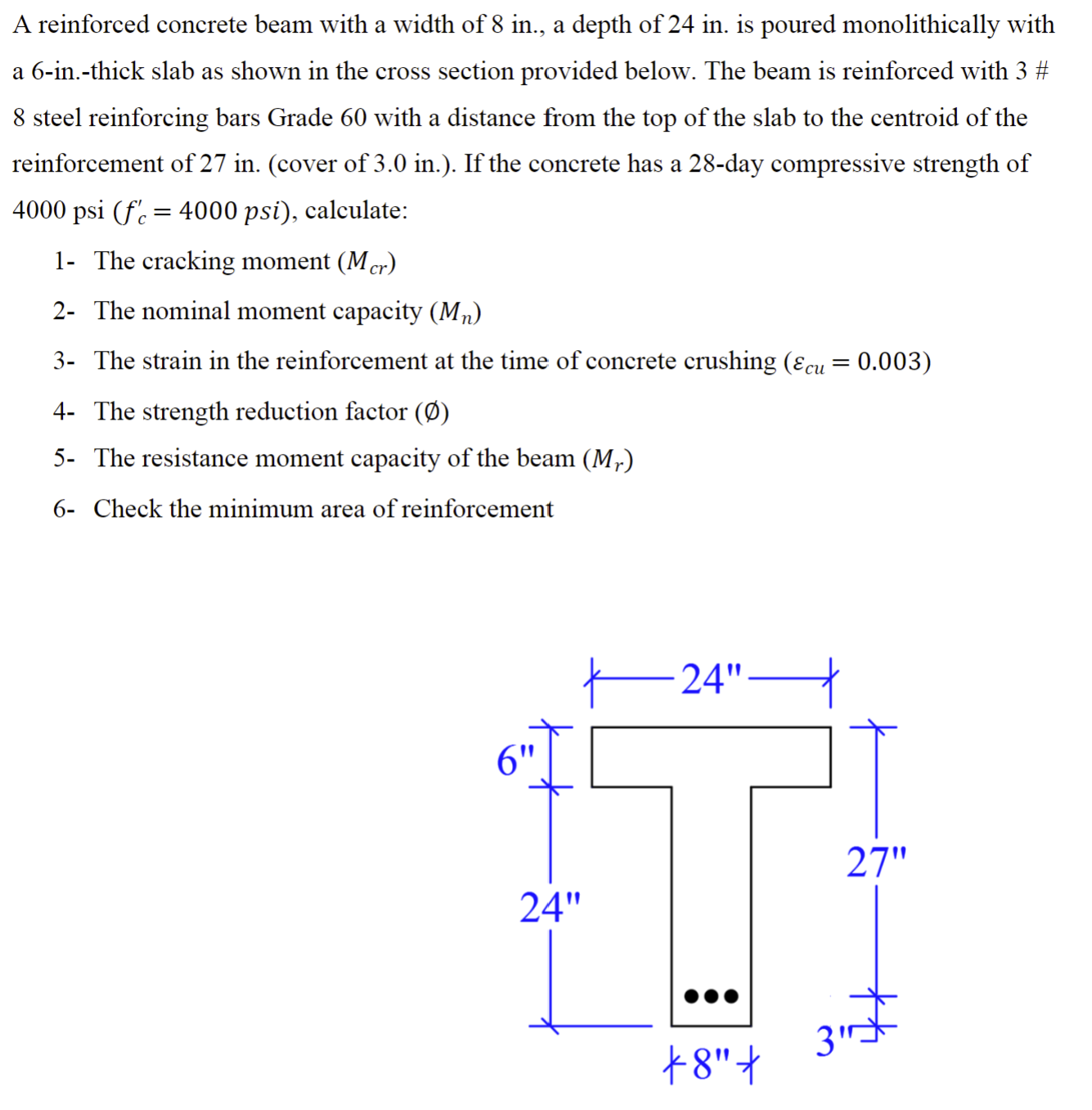 A reinforced concrete beam with a width of 8 in .
