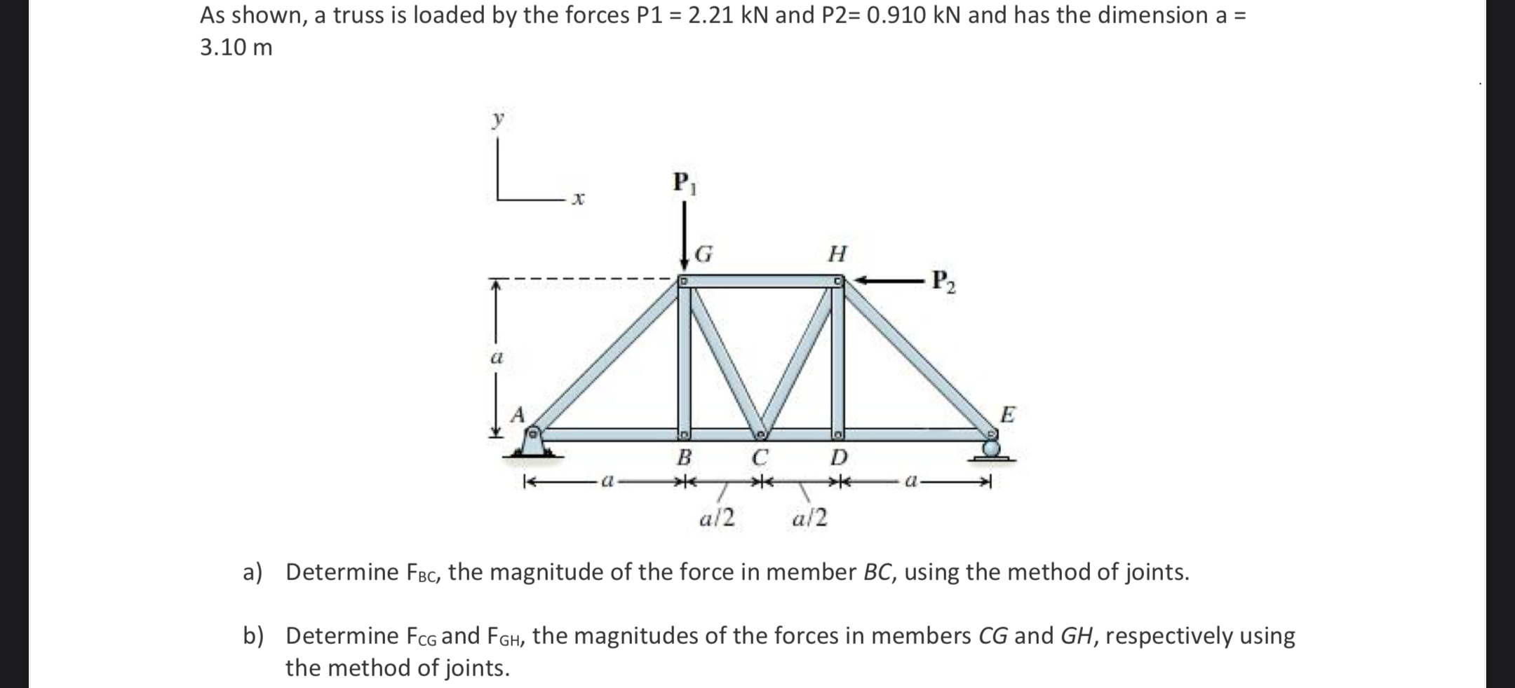 As shown, a truss is loaded by the forces P 1 = 2