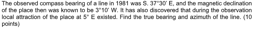 The observed compass bearing of a line in 1 9 8 1