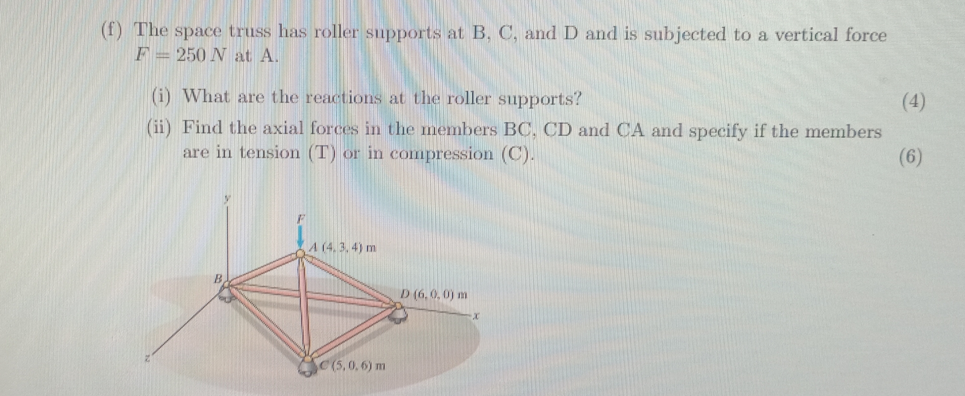 ( f ) The space truss has roller supports at B ,