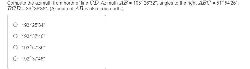 Compute the azimuth from north of line C D .