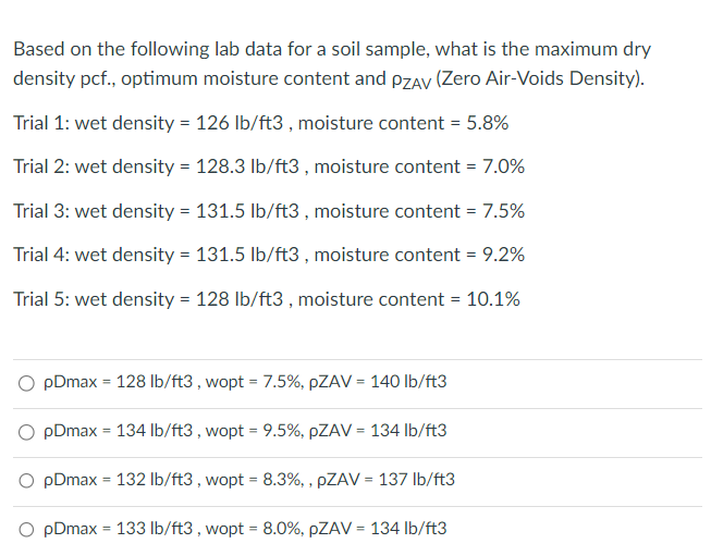 Based on the following lab data for a soil
