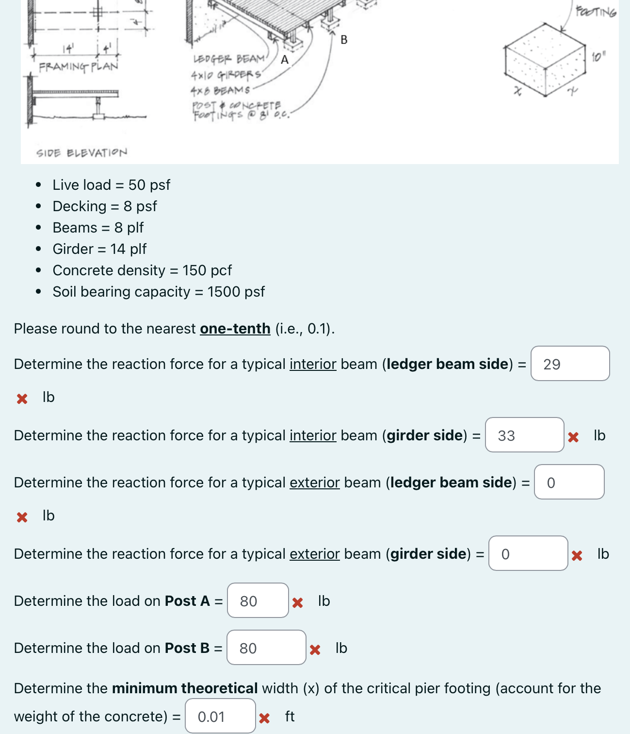 Live load = 5 0 psf Decking = 8 psf Beams = 8 plf