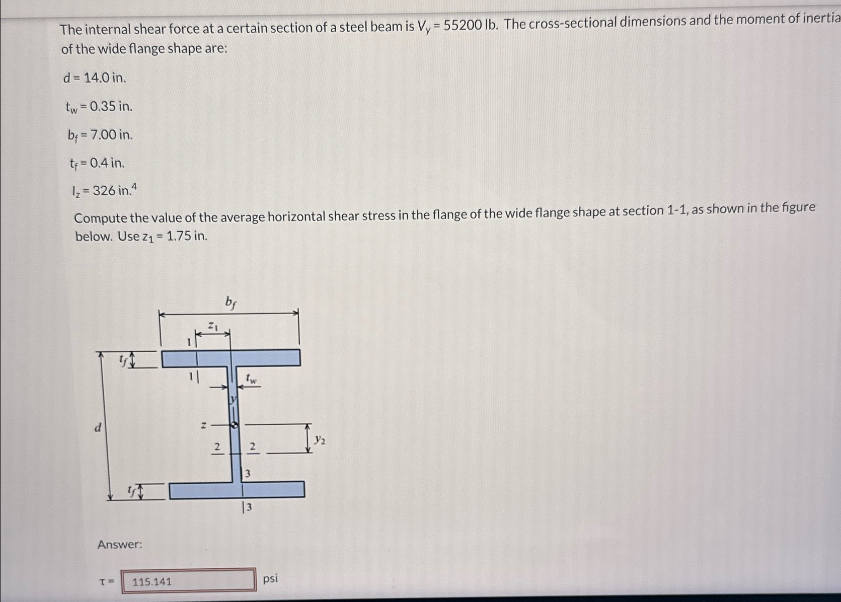 The internal shear force at a certain section of