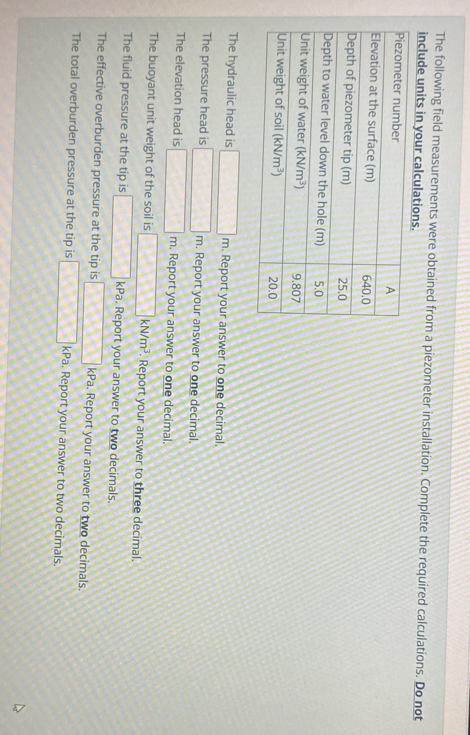 The following field measurements were obtained