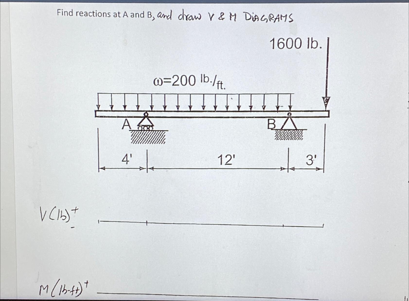 Find reactions at A and B , and draw V & M