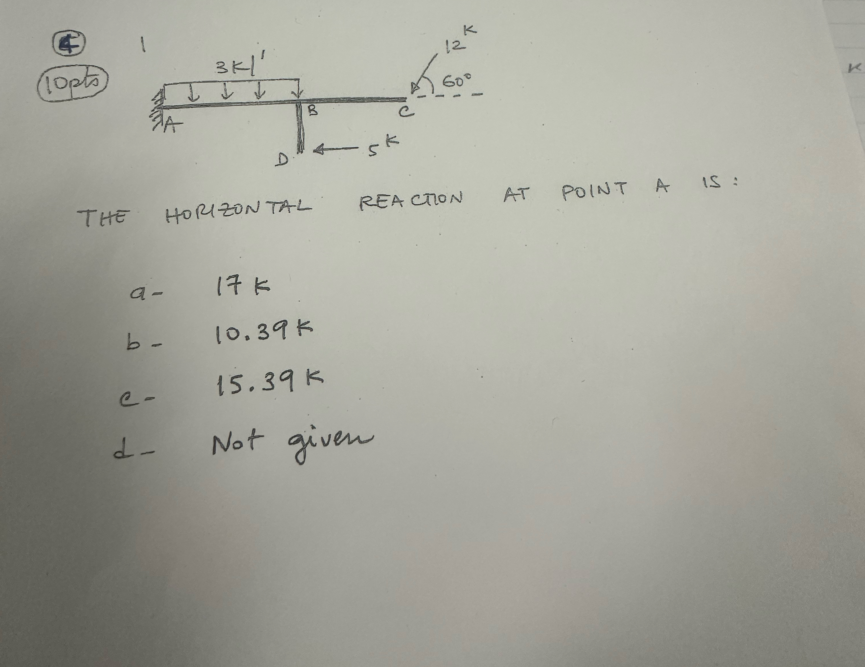 ( 4 ) 1 0 pts THE hORIZNTAL REActION at pOINT A