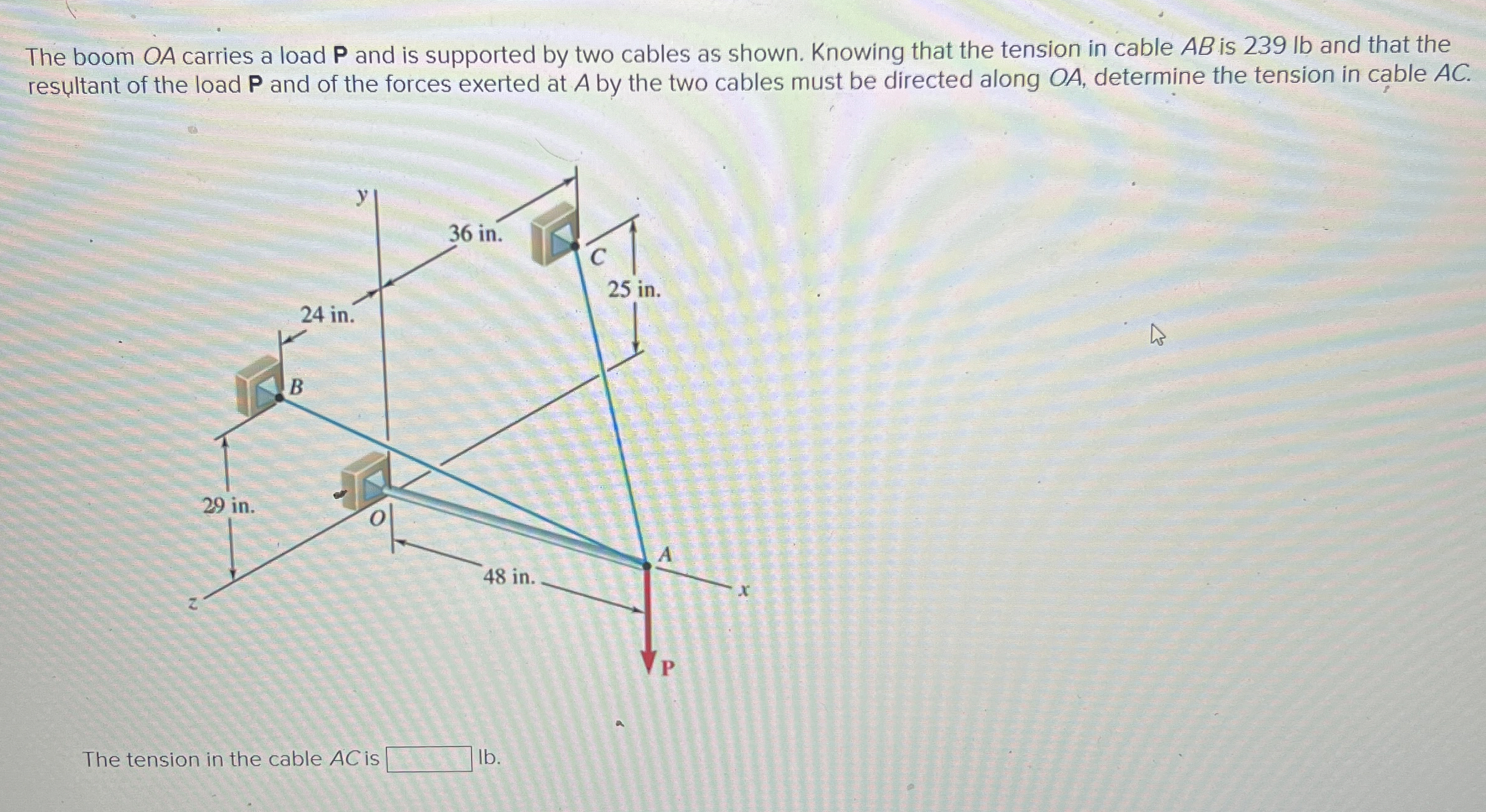 The boom O A carries a load P and is supported by