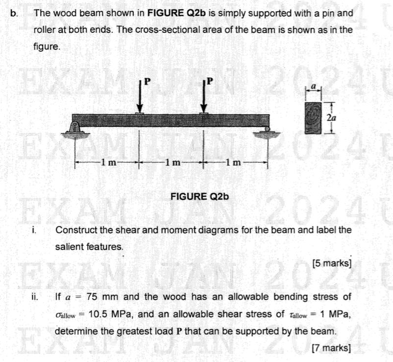 b . The wood beam shown in FIGURE Q 2 b is simply