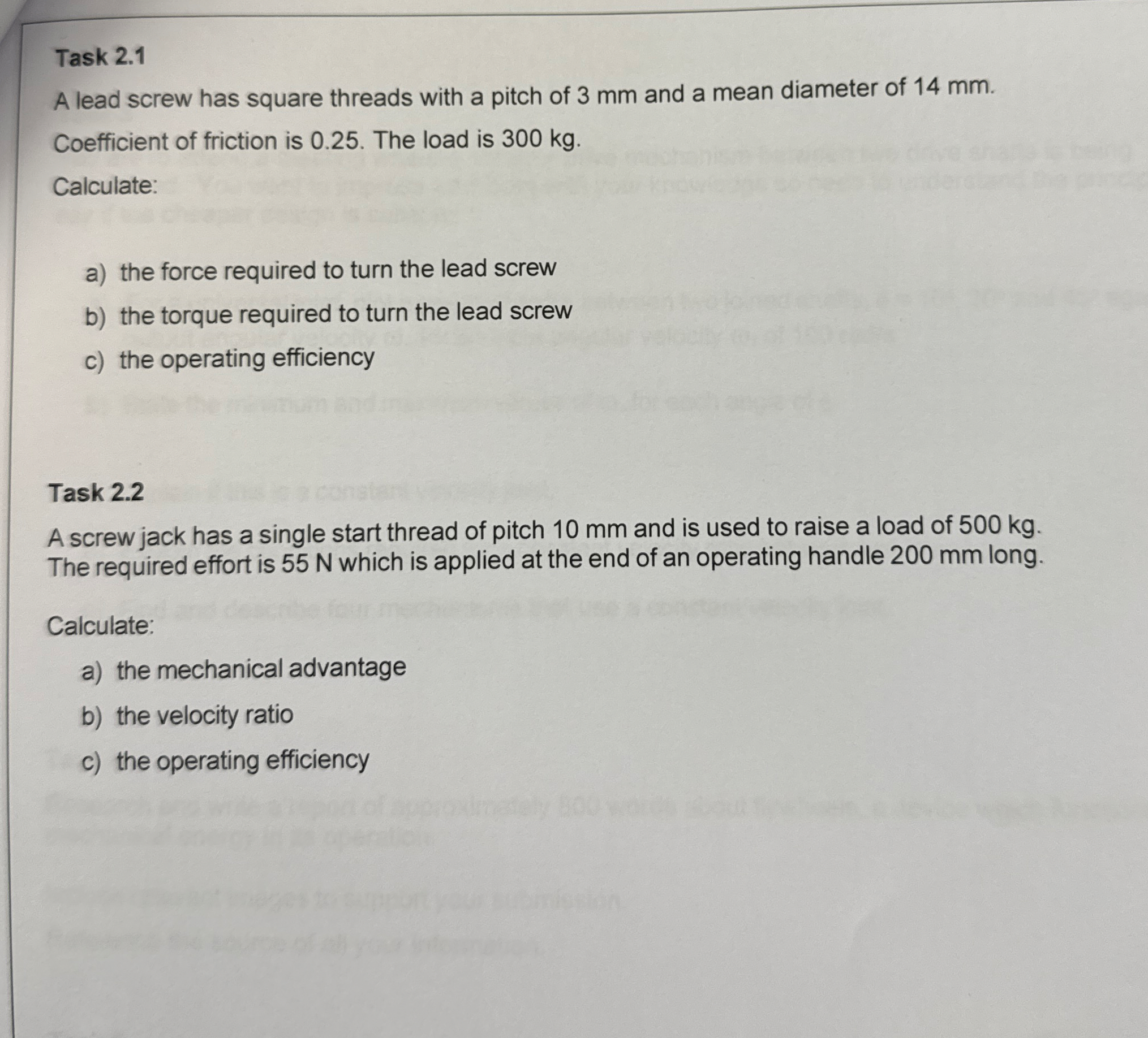 Task 2 . 1 A lead screw has square threads with a