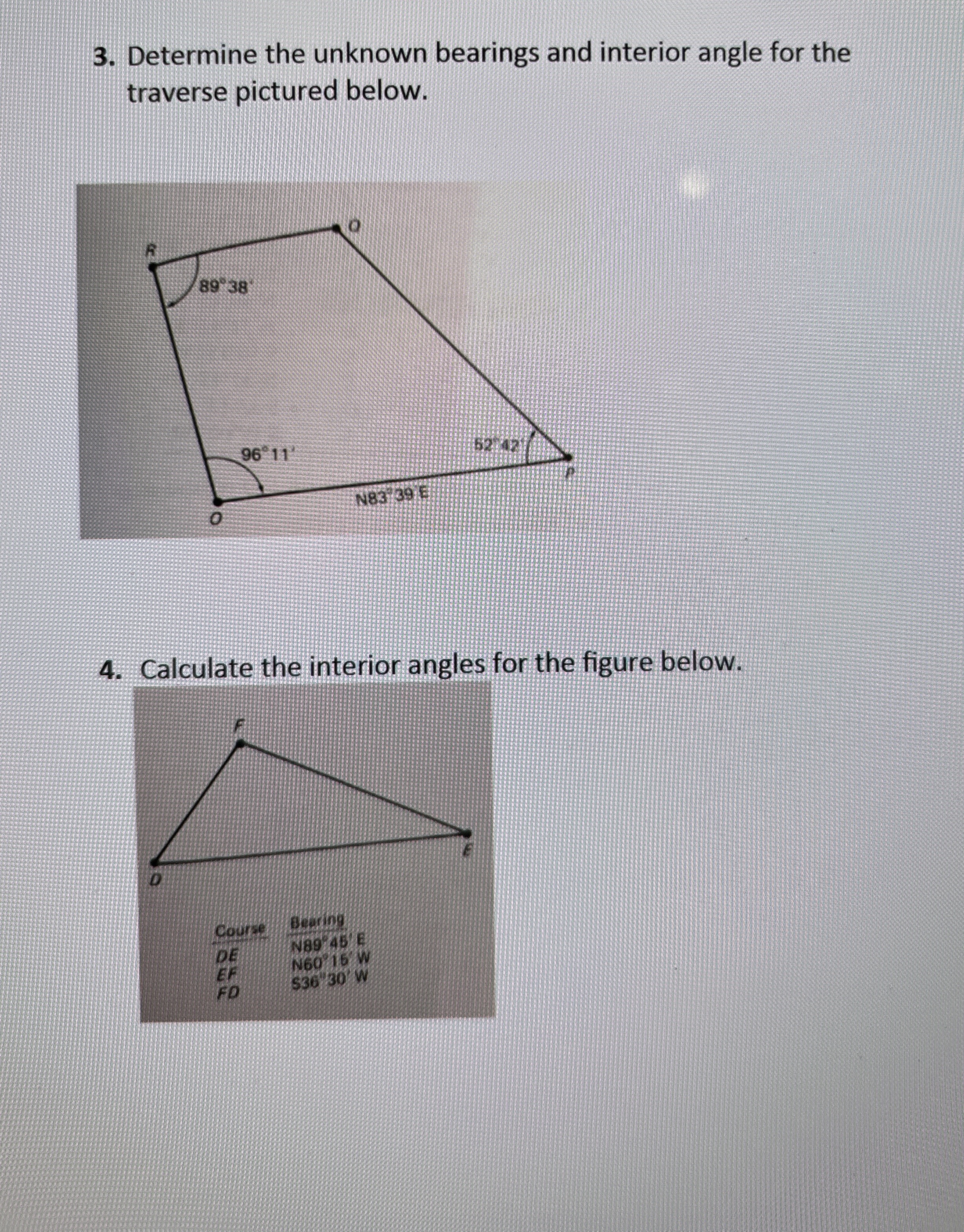 Determine the unknown bearings and interior angle
