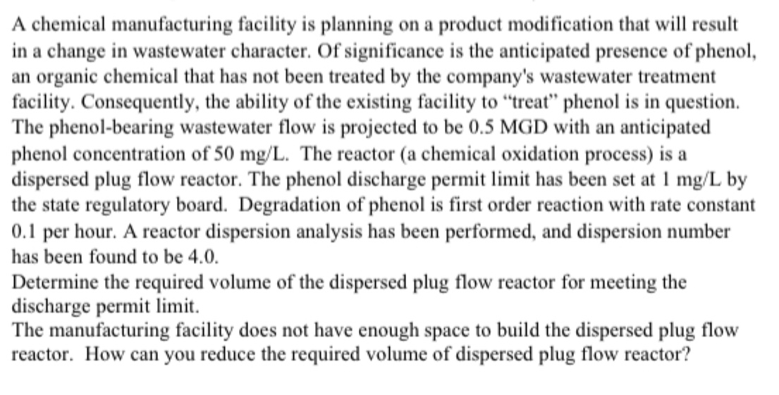A chemical manufacturing facility is planning on