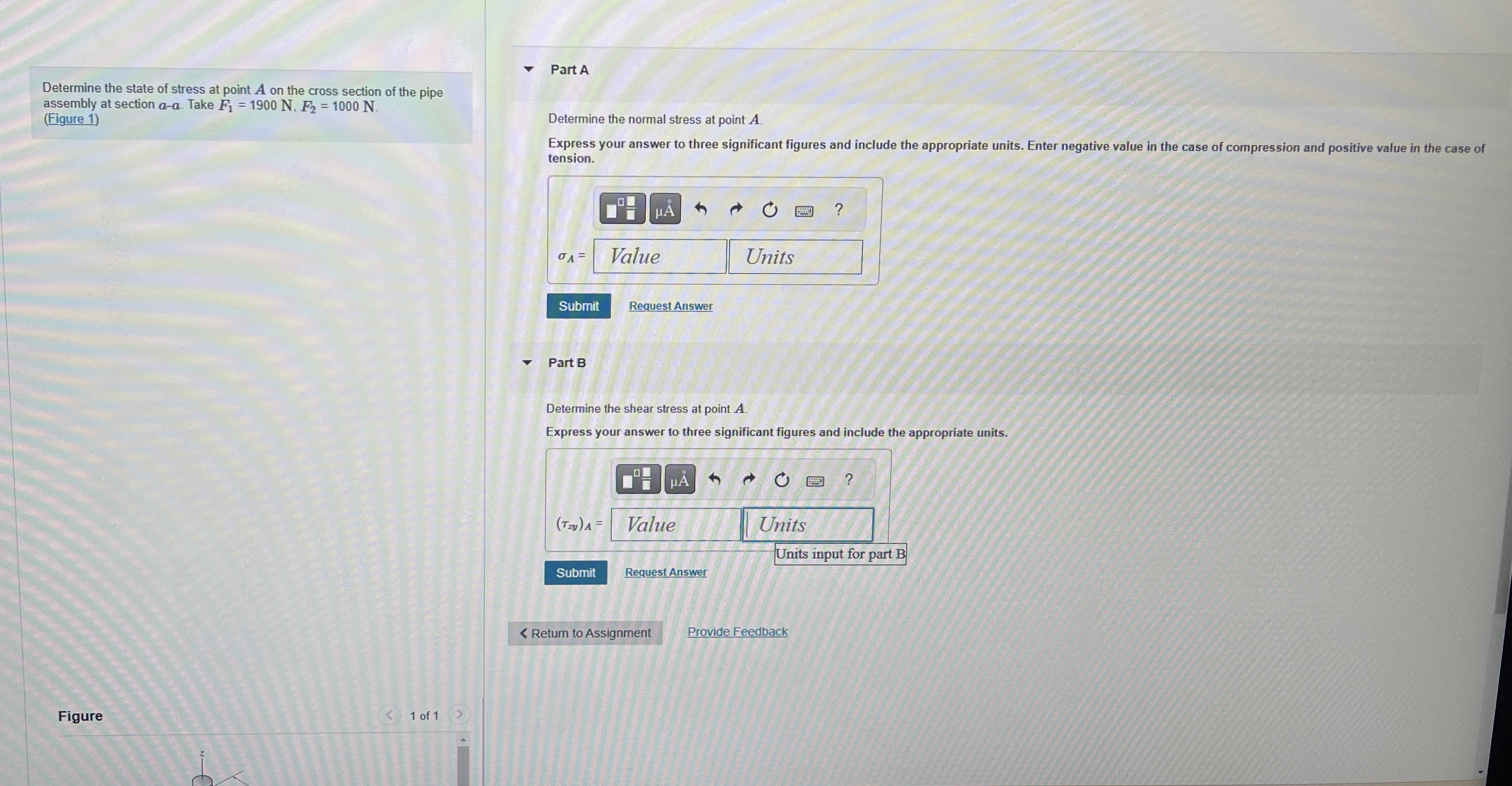 Determine the state of stress at point A on the