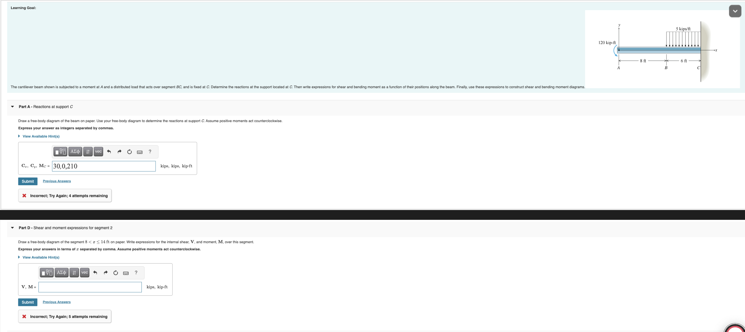 Part A - Reactions at support C Draw a free -