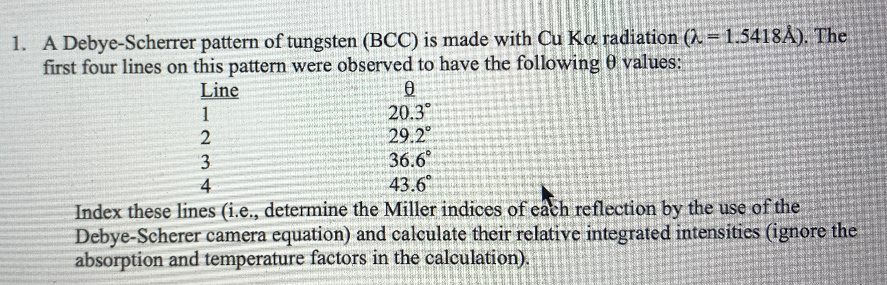 A Debye - Scherrer pattern of tungsten ( BCC ) is