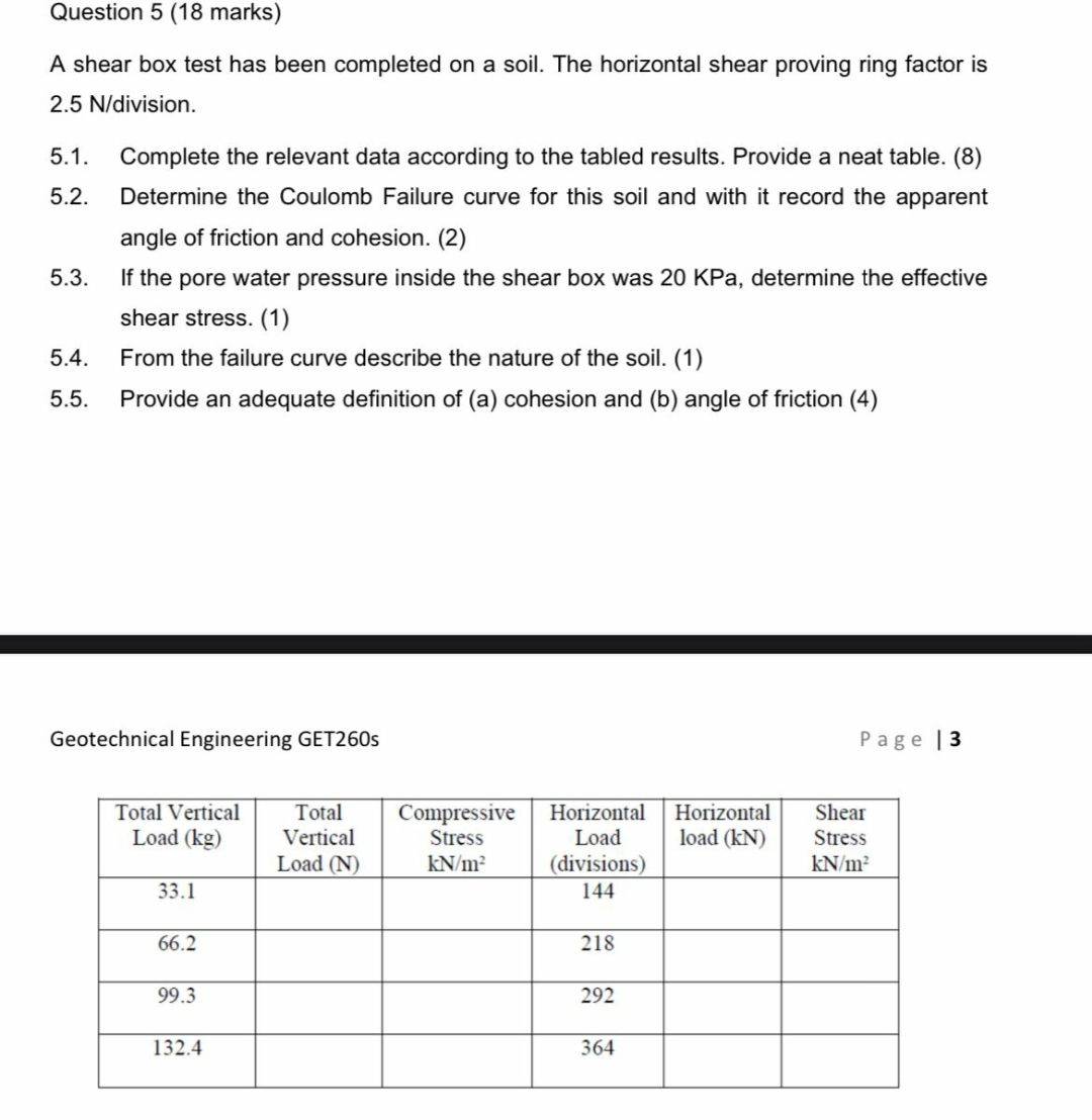 Question 5 ( 1 8 marks ) A shear box test has
