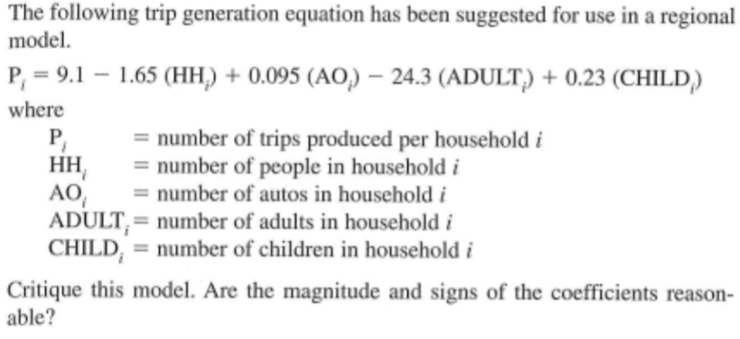The following trip generation equation has been