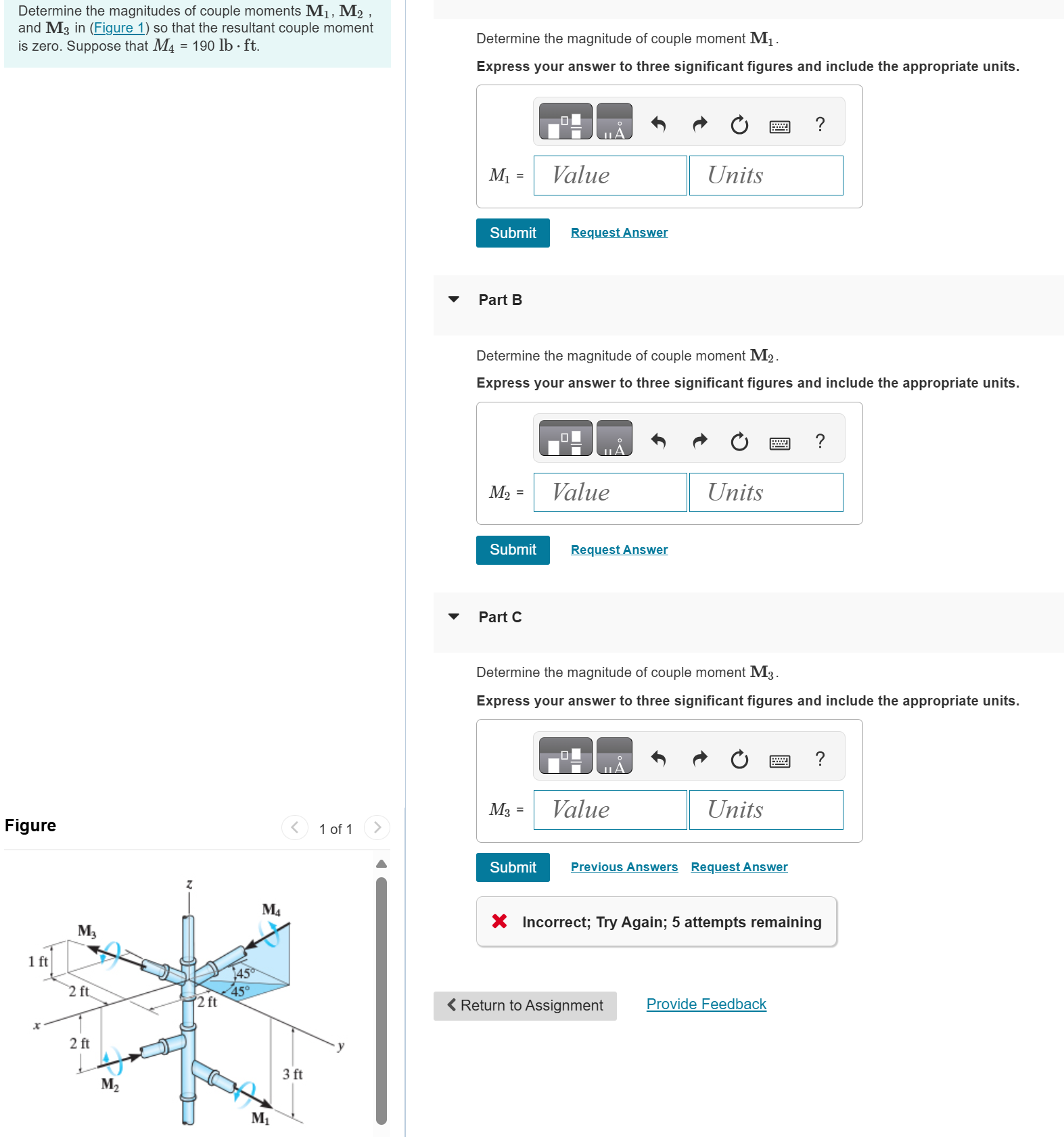Determine the magnitudes of couple moments M 1 ,