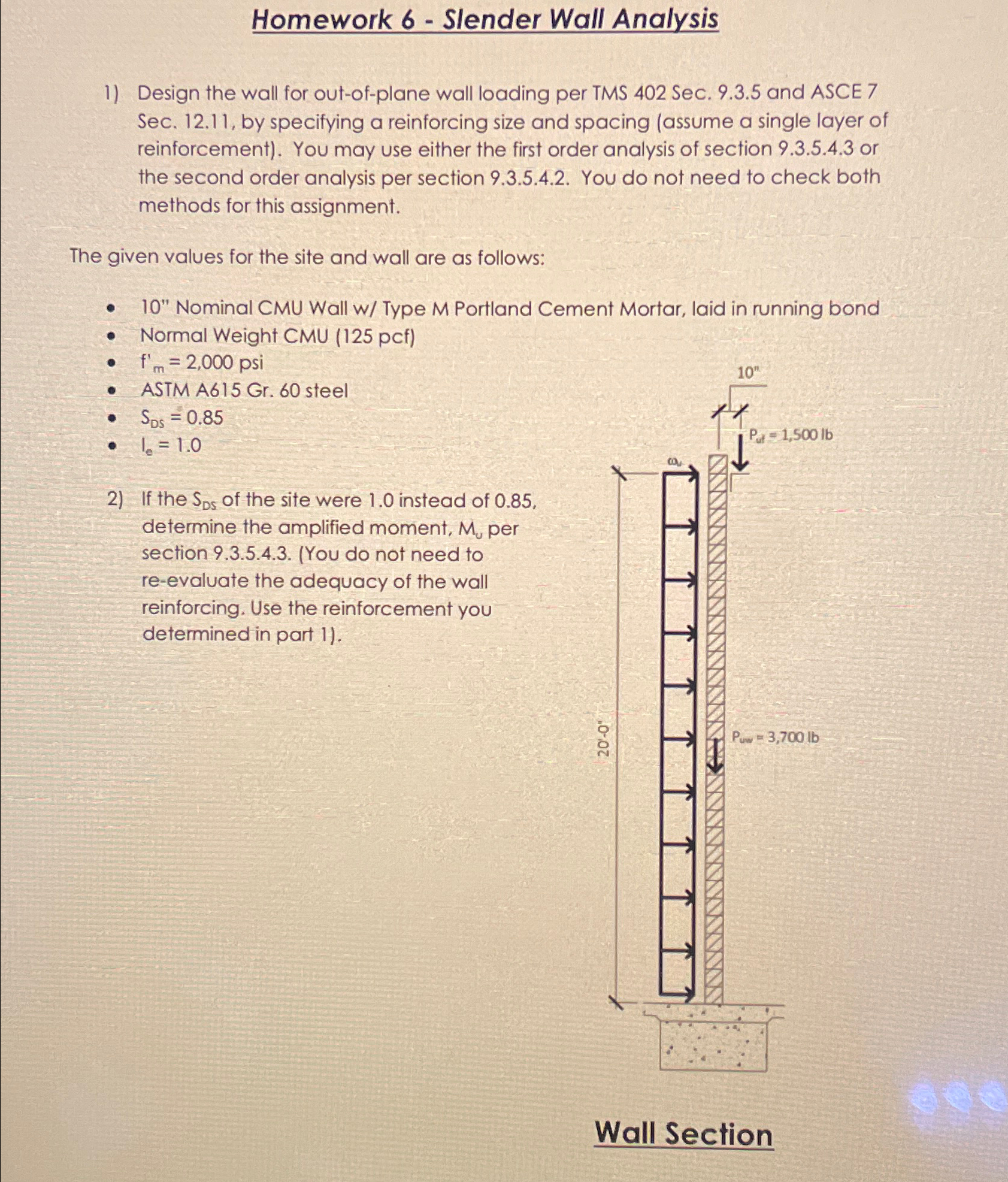 Homework 6 - Slender Wall Analysis Design the