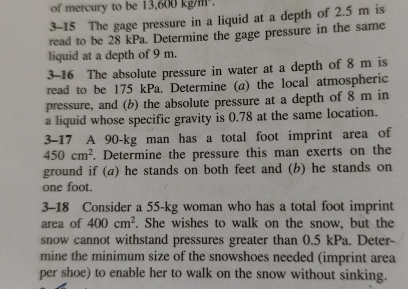 3 - 1 5 The gage pressure in a liquid at a depth