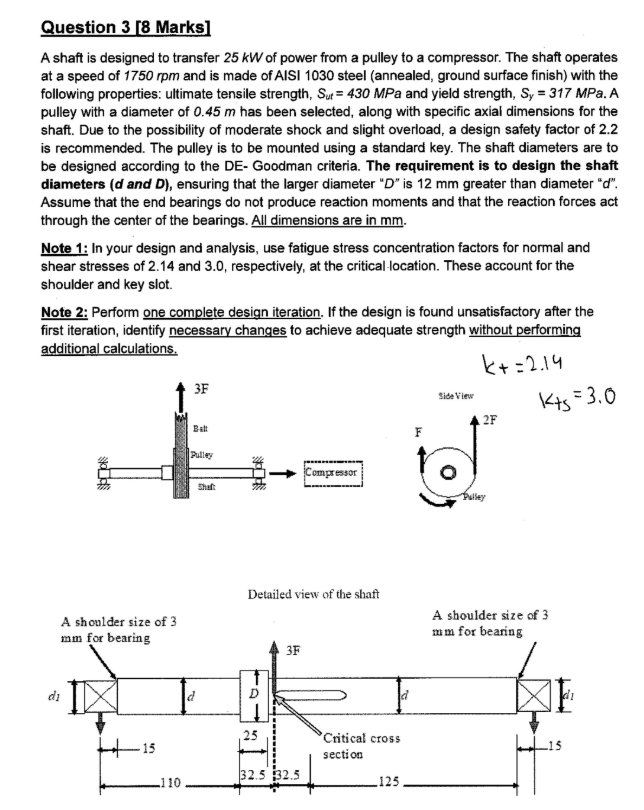 Question 3 [ 8 Marks ] A shaft is designed to