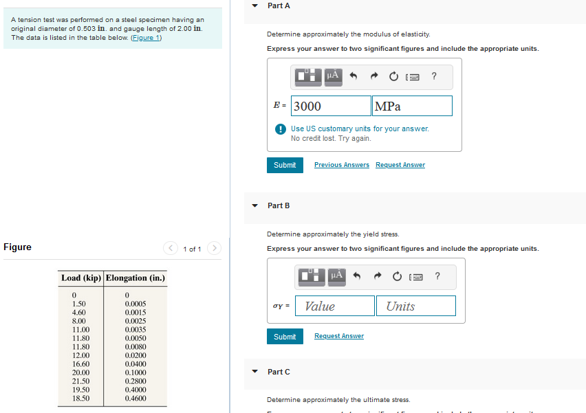 Part A A tension test was performed on a steel