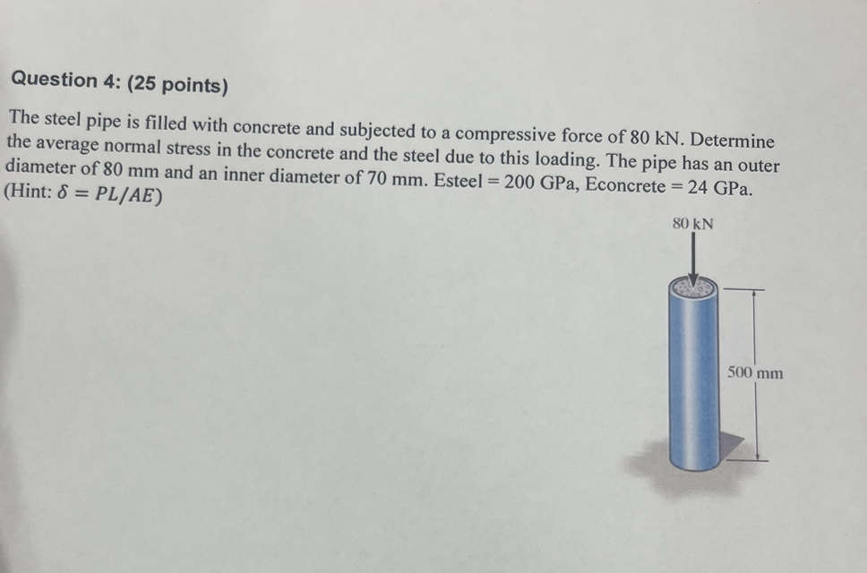 Question 4 : ( 2 5 points ) The steel pipe is