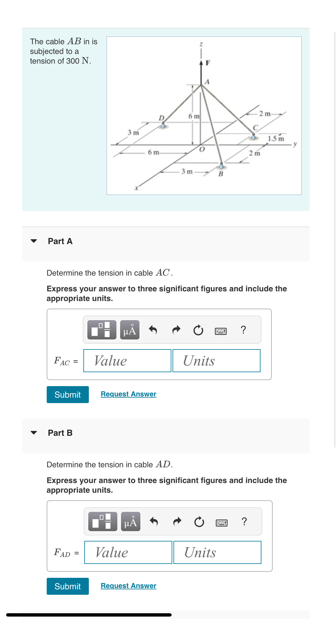 The cable A B in is subjected to a tension of 3 0
