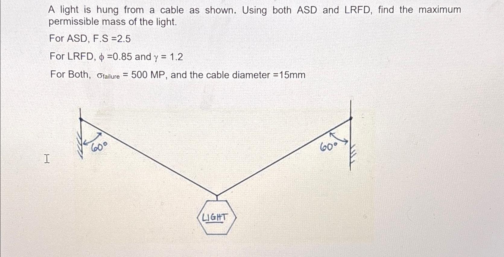A light is hung from a cable as shown. Using both