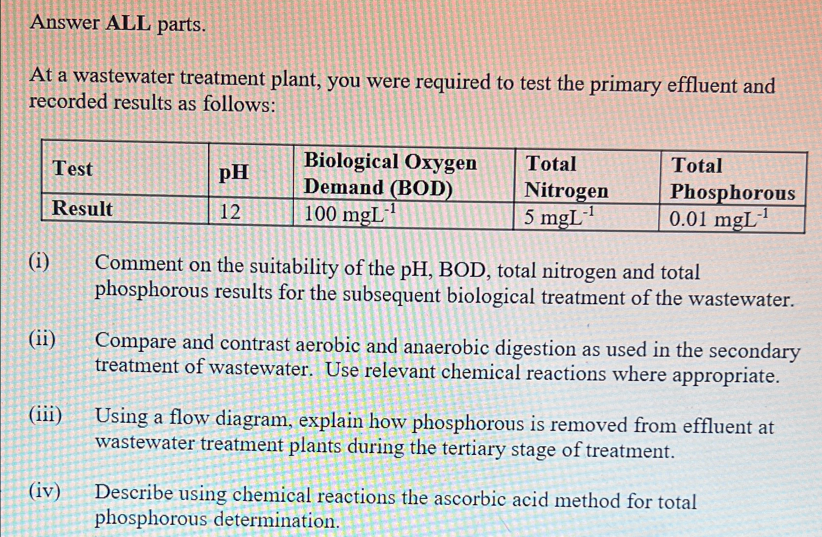 Answer ALL parts. At a wastewater treatment