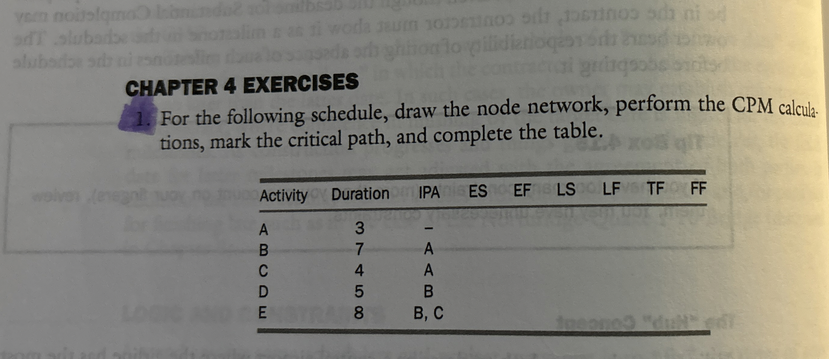 CHAPTER 4 EXERCISES For the following schedule,