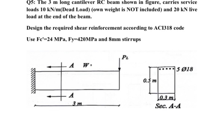 Q 5 : The 3 m long cantilever R C beam shown in