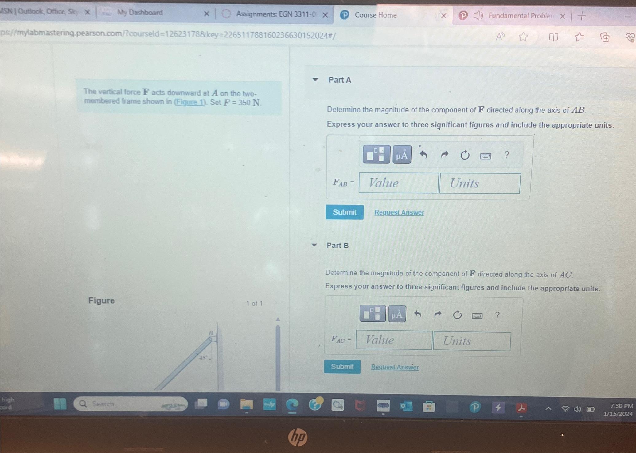 The vertical force F acts downward at A on the